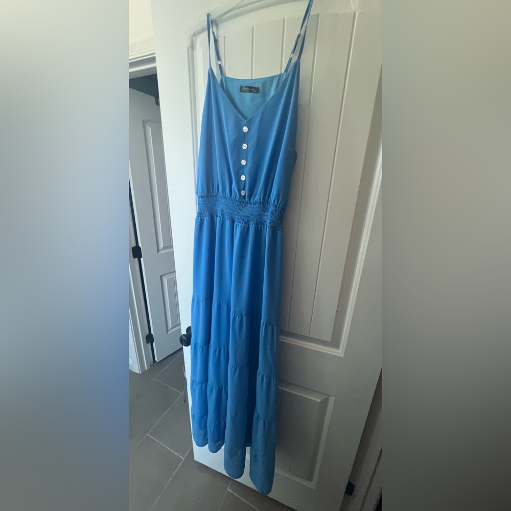 Blue Sleeveless Maxi Dress with Button Front